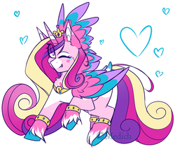 Size: 1701x1450 | Tagged: safe, artist:mediasmile666, edit, part of a set, princess cadance, alicorn, pony, g4, chest fluff, coat markings, colored hooves, colored wings, cropped, cutie mark, eye clipping through hair, female, flying, heart, jewelry, looking at you, mare, one eye closed, one wing out, redesign, regalia, sidemouth, simple background, solo, tongue out, unshorn fetlocks, white background, wings, wink