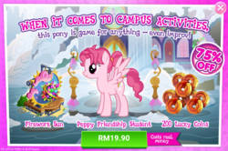 Size: 1036x688 | Tagged: safe, gameloft, bifröst, pegasus, pony, g4, advertisement, costs real money, female, firework sun, friendship student, introduction card, lucky coin, mare, nose wrinkle, ponytail