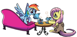 Size: 1120x540 | Tagged: safe, artist:brenda hickey, edit, idw, fluttershy, rainbow dash, pegasus, pony, g4, spoiler:comic, spoiler:comicspiritoftheforest02, background removed, couch, cropped, cup, cute, duo, female, food, mouth hold, simple background, spread wings, table, tea, teapot, transparent background, wings