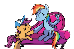 Size: 840x560 | Tagged: safe, artist:brenda hickey, edit, idw, rainbow dash, scootaloo, pegasus, pony, g4, spoiler:comic, spoiler:comicspiritoftheforest02, background removed, cap, couch, cropped, cup, cute, cutealoo, dashabetes, duo, eyes closed, female, filly, food, hat, hoofbump, scootalove, simple background, sitting, smiling, tea, transparent background