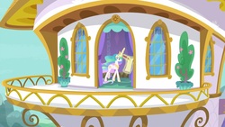 Size: 1920x1080 | Tagged: safe, screencap, princess celestia, alicorn, pony, between dark and dawn, g4, balcony, canterlot castle, celestia's bedroom, ethereal mane, female, flowing mane, glowing horn, horn, levitation, magic, magic aura, mare, multicolored mane, quill, quill pen, scroll, solo, telekinesis, walking