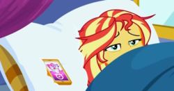 Size: 609x318 | Tagged: safe, screencap, kiwi lollipop, sunset shimmer, supernova zap, equestria girls, equestria girls specials, g4, my little pony equestria girls: better together, my little pony equestria girls: sunset's backstage pass, bed, cellphone, female, k-lo, phone, pillow, postcrush, smartphone, solo, su-z, tired