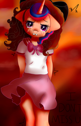 Size: 4500x7000 | Tagged: safe, artist:sweethearts11, oc, oc only, oc:sweet hearts, unicorn, anthro, absurd resolution, bow, clothes, crying, female, freckles, mare, shirt, skirt, skirt lift, solo, thighs