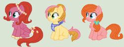 Size: 887x341 | Tagged: safe, artist:happyhippoadopts, artist:kittiebases, oc, unnamed oc, butterfly, earth pony, pegasus, pony, bandana, base used, chest fluff, cloven hooves, female, floral head wreath, flower, green background, hooves, missing cutie mark, offspring, parent:big macintosh, parent:fluttershy, parents:fluttermac, simple background