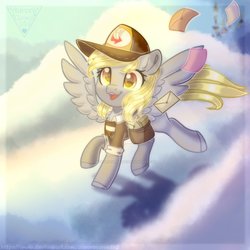 Size: 894x894 | Tagged: safe, artist:auroracursed, derpy hooves, pegasus, pony, g4, canterlot, cloud, cute, derpabetes, female, hat, letter, mailbag, mailmare, mailmare hat, mare, obtrusive watermark, sky, smiling, solo, spread wings, watermark, wings