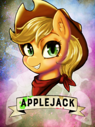Size: 1800x2400 | Tagged: safe, artist:kunshomo, applejack, earth pony, pony, g4, clothes, female, looking at you, mare, scarf, smiling, solo