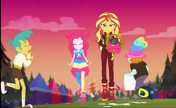 Size: 1169x720 | Tagged: safe, screencap, pinkie pie, snails, snips, sunset shimmer, cat, equestria girls, equestria girls specials, g4, my little pony equestria girls: better together, my little pony equestria girls: sunset's backstage pass, basket, boots, clothes, converse, crying, eyes closed, female, hair bun, hat, hattie, jacket, legs, male, music festival outfit, pants, pantyhose, shoes, shorts, skirt, sky, sneakers, socks