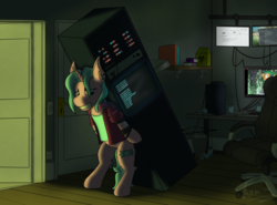 Size: 1280x947 | Tagged: safe, artist:kamithepony, oc, oc only, oc:candy chip, cyborg, pony, unicorn, the sunjackers, canterlot, clothes, computer, computer screen, cyberpunk, energy drink, leaning, light, new canterlot, night, screenshots, server, solo, youtube