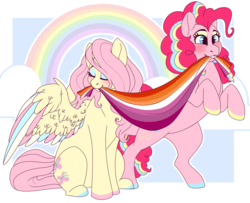 Size: 1280x1039 | Tagged: dead source, safe, artist:elskafox, fluttershy, pinkie pie, earth pony, pegasus, pony, g4, colored hooves, colored wings, female, lesbian, lesbian pride flag, mare, multicolored wings, pride, pride flag, pride month, rainbow, rainbow power, ship:flutterpie, shipping, striped mane, wings