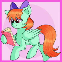 Size: 2962x3000 | Tagged: safe, artist:rainbowtashie, peppermint goldylinks, pegasus, pony, g4, abstract background, atg 2019, background pony, book, bow, chest fluff, female, friendship student, hair bow, high res, hoof hold, mare, newbie artist training grounds, peppermint adoralinks, reading, simple background, solo