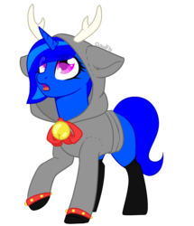 Size: 1796x2086 | Tagged: safe, artist:losyara, oc, oc only, oc:blue vector, pony, unicorn, antlers, bell, clothes, female, hoodie, simple background, socks, solo, stockings, thigh highs, transparent background, ych result