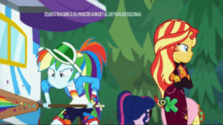 Size: 704x396 | Tagged: safe, edit, screencap, applejack, fluttershy, rainbow dash, sci-twi, sunset shimmer, twilight sparkle, equestria girls, equestria girls series, g4, sunset's backstage pass!, spoiler:eqg series (season 2), absurd file size, absurd gif size, accident, accidental spanking, angry, animated, annoyed, carrying, discovery kids, dodge, duo, duo female, edited gif, excited, eyes closed, female, gif, guitar, journal, music festival outfit, musical instrument, ouch, outdoors, running, rv, shocked, shrunken pupils, slap, slapstick, smack, smack dat ass, smiling, spanking, surprised, time loop, tree, walking, wince
