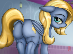 Size: 3151x2334 | Tagged: safe, artist:celsian, goldy wings, pegasus, pony, g4, anatomically incorrect, background pony, bedroom eyes, both cutie marks, butt, dock, female, floppy ears, friendship student, high res, incorrect leg anatomy, looking at you, looking back, looking back at you, mare, open mouth, plot, solo, tail aside