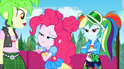 Size: 1280x720 | Tagged: safe, screencap, cherry crash, pinkie pie, rainbow dash, equestria girls, equestria girls series, g4, sunset's backstage pass!, spoiler:eqg series (season 2), barrier, clothes, crossed arms, dress, ear piercing, earring, female, flirting, hair bun, hat, jacket, jewelry, leaning, lipstick, looking at each other, looking at someone, music festival outfit, piercing, ponytail, queue, raised eyebrow, standing