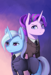Size: 1422x2100 | Tagged: safe, artist:mrscroup, starlight glimmer, trixie, pony, unicorn, equestria at war mod, g4, clothes, duo, duo female, ear fluff, female, looking at you, necktie, serious, serious face, suit