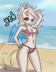 Size: 700x890 | Tagged: safe, artist:derpifecalus, anthro, armpits, auction, beach, bikini, clothes, commission, female, sketch, solo, swimsuit, tail, wings, your character here