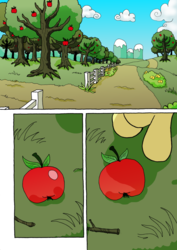 Size: 1201x1700 | Tagged: safe, artist:tarkron, apple bloom, earth pony, pony, comic:ghosts of the past, g4, 2 panel comic, apple, apple tree, bush, cloud, comic, female, filly, flower, foal, food, grass, mountain, no dialogue, offscreen character, offscreen female, outdoors, path, sky, snow, solo, stick, sweet apple acres, tree, twig