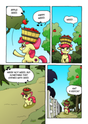 Size: 1201x1700 | Tagged: safe, artist:tarkron, apple bloom, oc, unnamed oc, earth pony, pony, comic:ghosts of the past, g4, apple, comic, dialogue, duo, female, filly, food, silhouette, singing, sweet apple acres