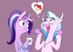 Size: 3508x2480 | Tagged: safe, artist:underpable, edith, silverstream, starlight glimmer, cockatrice, hippogriff, pony, unicorn, g4, student counsel, :t, blushing, bracelet, cute, diastreamies, duo, high res, jewelry, mug, necklace, newbie artist training grounds, simple background