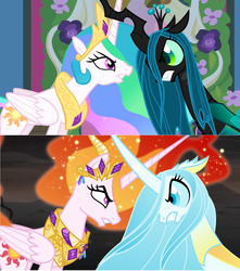Size: 1280x1445 | Tagged: safe, artist:orin331, edit, edited screencap, screencap, nightmare star, princess celestia, queen chrysalis, changedling, changeling, changeling queen, pony, a canterlot wedding, g4, season 2, season 5, season 6, the cutie re-mark, to where and back again, alternate timeline, alternate universe, ashlands timeline, barren, comparison, evil, female, good, implied genocide, mane of fire, orin's chrysalis, post-apocalyptic, purified chrysalis, role reversal, wasteland