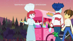 Size: 1280x720 | Tagged: safe, screencap, curly winds, puffed pastry, some blue guy, wiz kid, equestria girls, equestria girls series, g4, sunset's backstage pass!, spoiler:eqg series (season 2), chef outfit, chef's hat, churros, clothes, discovery kids, evening, female, food, food cart, gay, hat, holding hands, jacket, looking at each other, looking at someone, male, outdoors, pants, plate, ship:wizwinds, shipping, shipping fuel, sky, spanish, tree, walking