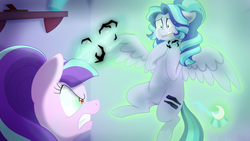 Size: 1280x720 | Tagged: safe, artist:faith-wolff, starlight glimmer, oc, oc:moonbeam glimmer, pegasus, pony, fanfic:the bridge, g4, angry, crying, cutie mark, cutie mark removal, dark magic, duo, fanfic art, female, magic, mare, red eyes, siblings, sisters, story in the source, strangling