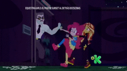 Size: 1920x1080 | Tagged: safe, screencap, max steele, pinkie pie, sunset shimmer, equestria girls, equestria girls specials, g4, my little pony equestria girls: better together, my little pony equestria girls: sunset's backstage pass, animated, security guard, shoes, sneakers, sound, sunglasses, webm