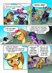 Size: 1201x1700 | Tagged: safe, artist:tarkron, applejack, derpy hooves, twilight sparkle, oc, oc:tara, alicorn, earth pony, pony, comic:ghosts of the past, g4, comic, cute, derpabetes, dialogue, female, floppy ears, grammar error, lip bite, male, mare, mouth hold, ponyville market, poppy, running away, stallion, twilight sparkle (alicorn), unnamed character, unnamed pony, vendor