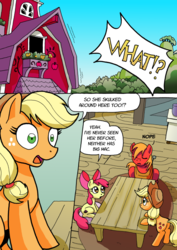 Size: 1201x1700 | Tagged: safe, artist:tarkron, apple bloom, applejack, big macintosh, earth pony, pony, comic:ghosts of the past, g4, apple siblings, comic, dialogue, female, filly, i can't believe it's not idw, male, mare, shout, stallion, sweet apple acres, sweet apple acres barn, table