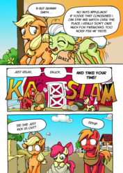 Size: 1201x1700 | Tagged: safe, artist:tarkron, apple bloom, applejack, big macintosh, granny smith, earth pony, pony, comic:ghosts of the past, g4, apple siblings, blanket, comic, dialogue, female, filly, floppy ears, male, mare, onomatopoeia, shoving, stallion, sweet apple acres, sweet apple acres barn