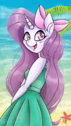 Size: 1080x1920 | Tagged: safe, artist:obscuredragone, oc, oc:violin melody, horse, starfish, unicorn, anthro, beach, bow, clothes, cute, dress, female, goth, gothic, green dress, hair bow, happy, horn, hot, light skin, long hair, mare, ocean, palm tree, photo, pink bow, pink eyes, pink ribbon, purple mane, ribbon, solo, summer, sweet, tree, wave