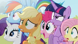 Size: 1280x720 | Tagged: safe, artist:brutalweather studio, applejack, fluttershy, pinkie pie, rainbow dash, rarity, twilight sparkle, alicorn, pony, ponyville's incident, g4, angry, mane six, shocked, show accurate, twilight sparkle (alicorn), varying degrees of want