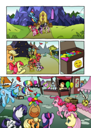 Size: 1201x1700 | Tagged: safe, artist:tarkron, apple bloom, applejack, big macintosh, carrot top, daisy, flower wishes, fluttershy, golden harvest, lyra heartstrings, pinkie pie, rainbow dash, rarity, scootaloo, sweetie belle, twilight sparkle, alicorn, earth pony, pegasus, pony, unicorn, comic:ghosts of the past, g4, adorabloom, apple siblings, balloon, balloon animal, blowing up balloons, clown, comic, cute, cutealoo, cutie mark crusaders, cutie mark cuties, diasweetes, female, festival, filly, male, mane six, mare, no dialogue, stallion, twilight sparkle (alicorn), twilight's castle