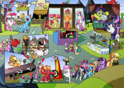 Size: 2407x1700 | Tagged: safe, artist:tarkron, apple bloom, applejack, big macintosh, carrot cake, cherry berry, daisy, dinky hooves, flower wishes, fluttershy, pinkie pie, rainbow dash, rarity, roseluck, scootaloo, sweetie belle, twilight sparkle, twist, alicorn, earth pony, fish, pegasus, pony, sheep, unicorn, comic:ghosts of the past, g4, basket, comic, cute, cutie mark crusaders, festival, fortune teller, mane six, mirror, no dialogue, puppet, shyabetes, twilight sparkle (alicorn), unnamed character, unnamed pony