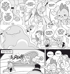 Size: 1820x1932 | Tagged: safe, seven seas, rarity, smooze, spike, sweetie belle, dragon, pony, unicorn, g4, my little pony: the manga, my little pony: the manga volume 1, blushing, bowtie, carousel boutique, clothes, comic, cute, female, filly, heart, maid, male, mare, monochrome, official content, outfit, sleeping, spikabetes, wide eyes, winged spike, wings