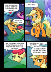 Size: 1201x1700 | Tagged: safe, artist:tarkron, apple bloom, applejack, rarity, earth pony, pony, unicorn, comic:ghosts of the past, g4, comic, dialogue, duo focus, female, filly, grammar error, mare, sleepover, twilight's castle