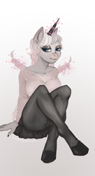 Size: 2150x3960 | Tagged: safe, artist:lukeawesm, oc, oc only, unicorn, anthro, unguligrade anthro, adoptable, anthro oc, blouse, clothes, fetish, freckles, high res, legs, magic, miniskirt, pantyhose, pigtails, shoes, sitting, skirt, skirt lift, solo, thighs, tight clothing, tights