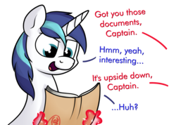 Size: 1639x1169 | Tagged: safe, artist:moonatik, shining armor, pony, unicorn, g4, atg 2019, dialogue, document, illiteracy, male, newbie artist training grounds, paper, shining armor is a goddamn moron, simple background, solo, transparent background, upside down