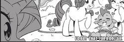 Size: 1207x414 | Tagged: safe, edit, seven seas, rarity, spike, dragon, pony, unicorn, g4, my little pony: the manga, my little pony: the manga volume 1, blushing, caption, eyes closed, female, heart, image macro, male, manga, mare, monochrome, movie reference, robocop, rope, text, tied up, winged spike, wings