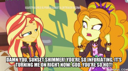 Size: 600x335 | Tagged: safe, edit, edited screencap, screencap, adagio dazzle, sunset shimmer, equestria girls, equestria girls specials, g4, my little pony equestria girls: better together, my little pony equestria girls: sunset's backstage pass, bracelet, female, jewelry, lesbian, memeful.com, music festival outfit, ship:sunsagio, shipping, spiked headband