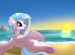 Size: 2600x1914 | Tagged: safe, artist:orangejuicerus, silverstream, hippogriff, g4, beach, butt, female, ocean, plot, reflection, solo, streambutt, sunset, water