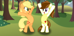 Size: 940x464 | Tagged: safe, artist:enash97, applejack, oc, oc:apple beat, earth pony, pony, g4, female, mother and daughter