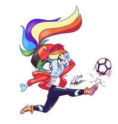 Size: 953x1003 | Tagged: safe, artist:katrina hadley, artist:lunchie, rainbow dash, equestria girls, g4, my little pony equestria girls: summertime shorts, ball, converse, kicking, official fan art, ponytail, shoes, sports