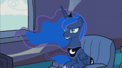 Size: 692x388 | Tagged: safe, artist:whitehawke, princess luna, alicorn, pony, g4, animated, breathing, couch, female, frustrated, gif, looking at you, mare, show accurate, sitting, youtube link