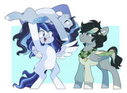 Size: 1436x1051 | Tagged: safe, artist:shady-bush, oc, oc only, oc:azure, oc:bunny army, oc:satin wing, pegasus, pony, bipedal, clothes, colored wings, female, male, mare, multicolored wings, stallion, wings