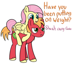 Size: 3316x2963 | Tagged: safe, artist:czu, big macintosh, fluttershy, g4, alternate hairstyle, carrying, cute, female, fluttershy riding big macintosh, high res, male, missing accessory, riding, riding a pony, ship:fluttermac, shipping, simple background, straight, text, white background