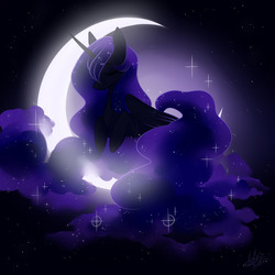 Size: 1280x1280 | Tagged: safe, artist:acediashouse, princess luna, alicorn, pony, g4, crescent moon, ethereal mane, eyes closed, female, mare, moon, night, solo, starry mane, tangible heavenly object