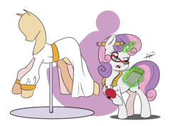 Size: 842x595 | Tagged: safe, artist:shelltoon, sweetie belle, pony, unicorn, g4, clothes, dress, female, filly, glasses, magic, mannequin, newbie artist training grounds, notepad, pincushion, simple background, solo, transparent