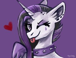 Size: 2600x2000 | Tagged: safe, artist:ami-gami, princess celestia, alicorn, pony, between dark and dawn, g4, alternate hairstyle, choker, ear piercing, female, goth, heart, high res, looking at you, one eye closed, piercing, punklestia, purple background, signature, simple background, smiling, smiling at you, solo, spiked choker, tongue out, tongue piercing, wink, winking at you