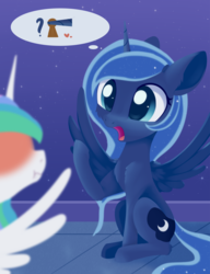 Size: 1176x1530 | Tagged: safe, artist:dusthiel, princess celestia, princess luna, alicorn, pony, g4, blushing, cannon, cheek fluff, chest fluff, duo, female, heart, keyhole, mare, newbie artist training grounds, open mouth, out of context, pictogram, shoulder fluff, siblings, sisters, sitting, speech bubble, spread wings, wings